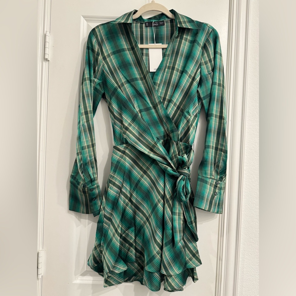 Mango Teal Plaid Long Sleeve Dress